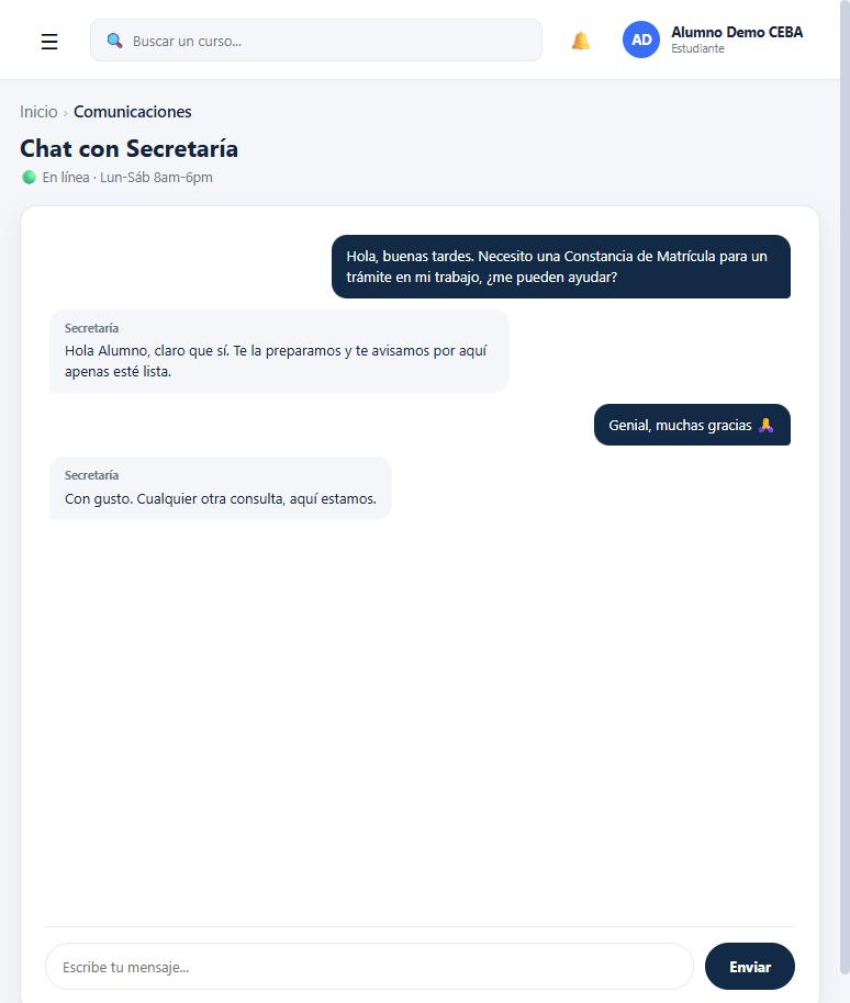 Chat con Secretaría ayudando a tramitar una Constancia de Matrícula