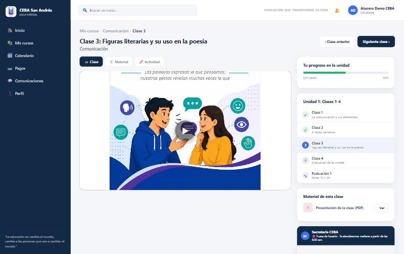 Vista de una clase en el aula virtual, con video y seguimiento de progreso